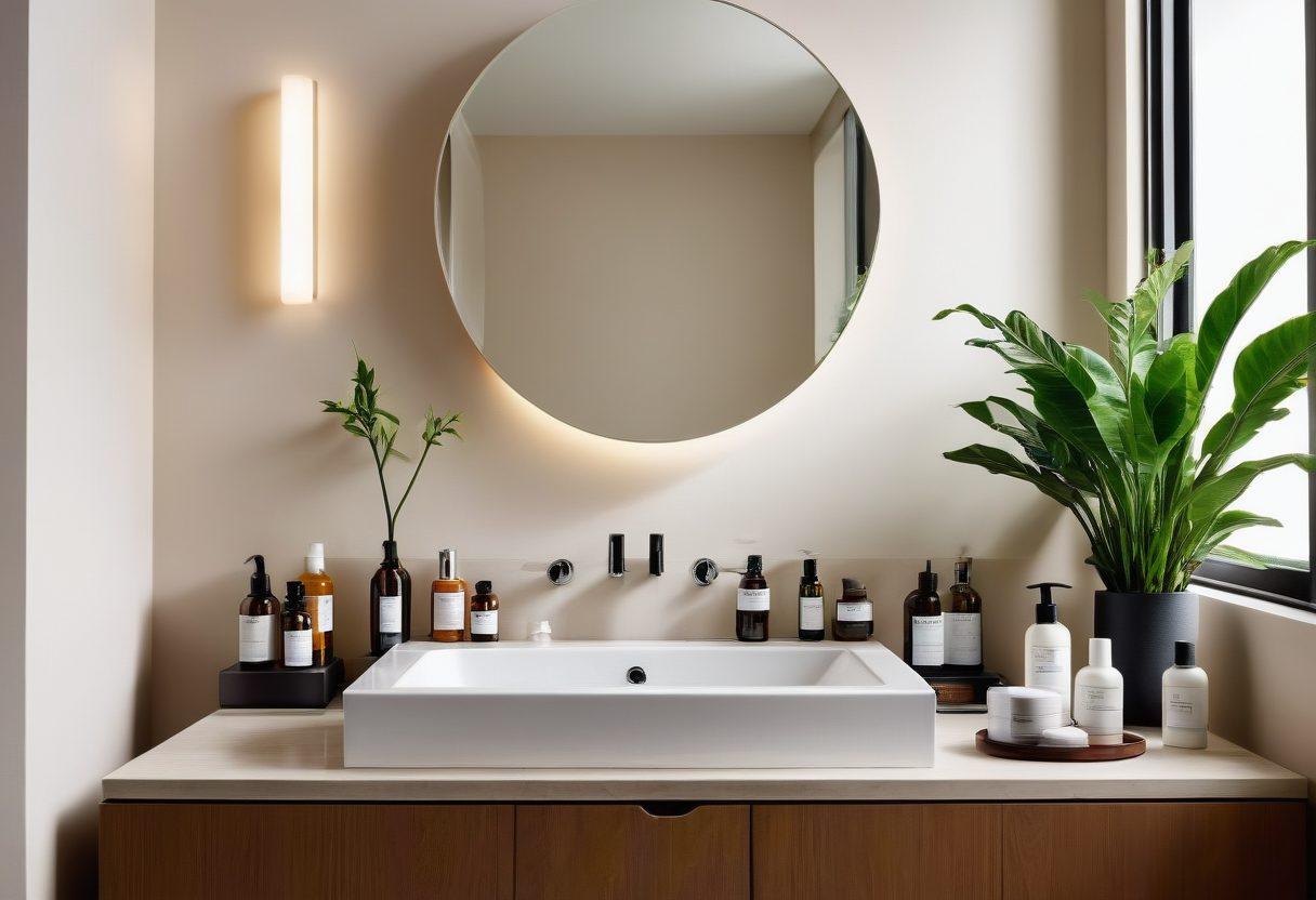 A modern individual surrounded by a variety of skincare and grooming products glowing softly in a chic, minimalistic bathroom. Include elegant bottles, creams, and fresh plants to emphasize vitality and self-care. The individual should be smiling, showcasing healthy skin, and exuding confidence. Soft, ambient lighting enhances the glow effect. super-realistic. vibrant colors. minimalistic background.