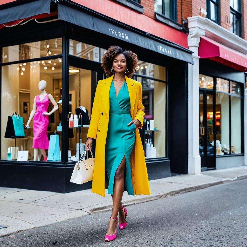 A stylish woman confidently walking down a chic city street, showcasing the latest fashion trends with vibrant colors and captivating beauty products in hand. She's surrounded by a mix of fashion elements like elegant dresses, bold accessories, and trendy footwear, complemented by a lively urban backdrop. Incorporate elements of modern beauty like skincare items and makeup in a sophisticated display. The scene should exude an atmosphere of empowerment and allure. super-realistic. vibrant colors. urban setting.